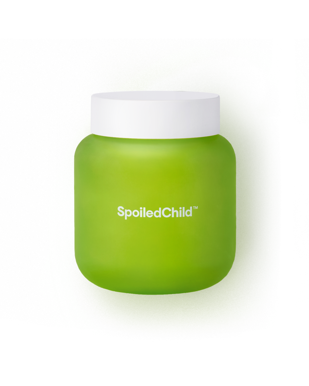A green, square SpoiledChild J29 jar with a white screw cap, centered against a plain white background.