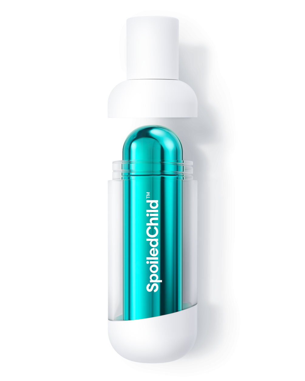 A product icon showing a white SpoiledChild S33 bottle with the cap lifted to demonstrate how a sleek, metallic teal refill capsule fits into the clear outer base. The design is modern and minimalist, set against a plain white background.